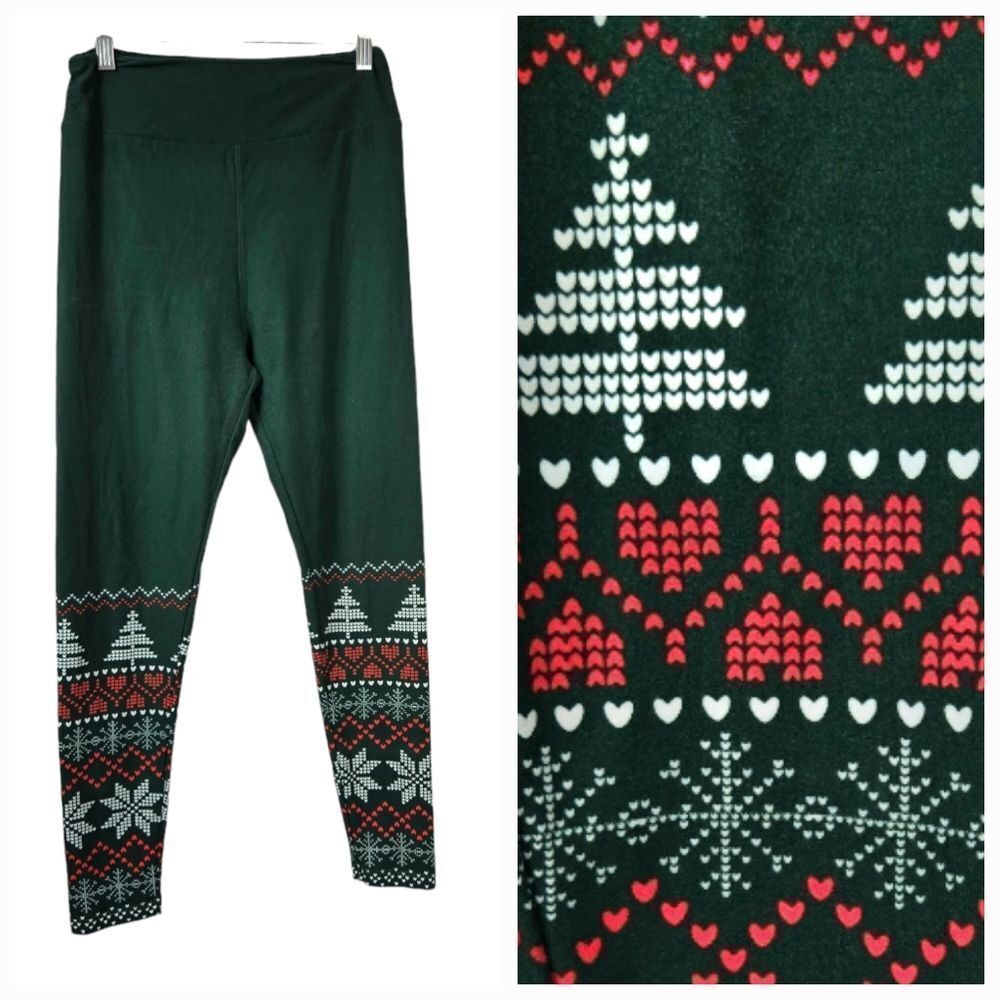 LuLaRoe Green Fair Isle One Size (2-10) So Soft Legging Christmas Holiday Season